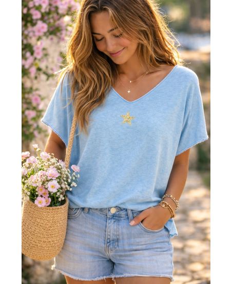 TOP AMPLE ETOILE PE260589 BLEU CIEL