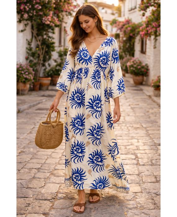 ROYAL BLUE PRINTED VISCOSE MAXI DRESS PE260612