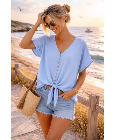 LOOSE TIE BUTTONS TOP PE260617 SKY BLUE