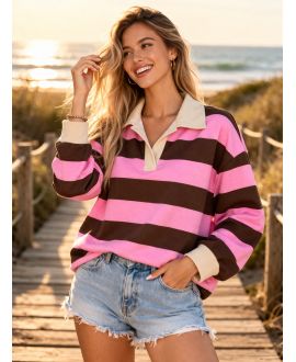 PE2258 POLO A RIGHE FUSHIA/BEIGE