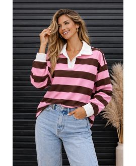 PE2258 KOSZULKA POLO W PASKI W FUSHIA