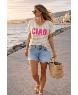CIAO GOLD V-NECK STRIPED T-SHIRT PE260630 BEIGE