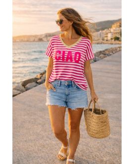 T-SHIRT RAYURES COL V GOLD CIAO PE260630 FUSHIA