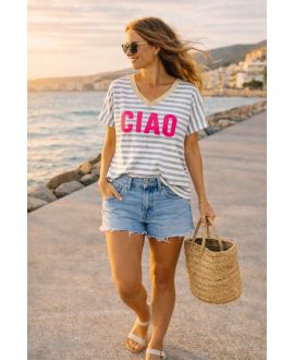 CIAO GOUDEN V-HALS T-SHIRT MET STREEP PE260630 GRIJS