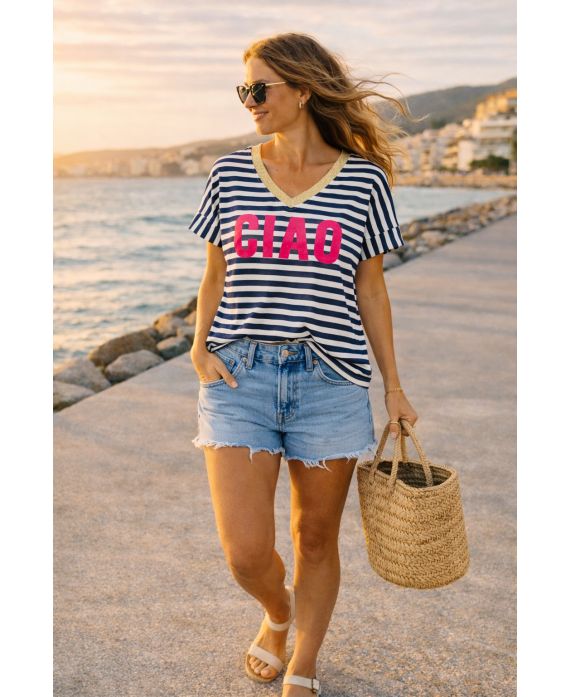 CIAO GOUDEN V-HALS GESTREEPT T-SHIRT PE260630 MARINEBLAUW