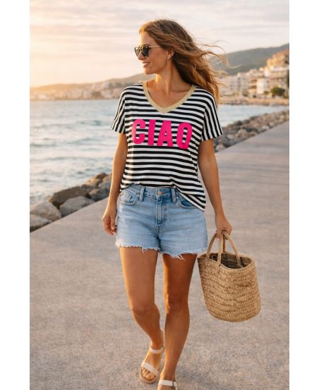 T-SHIRT RAYURES COL V GOLD CIAO PE260630 NOIR