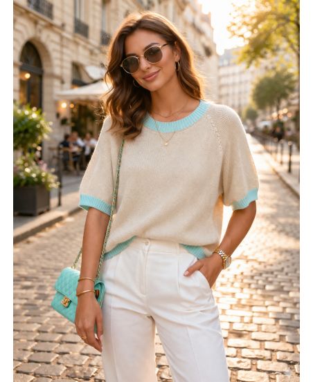 SZYKOWNY DWUKOLOROWY SWETER TRICOL PE260636 BEŻOWO-ZIELONY