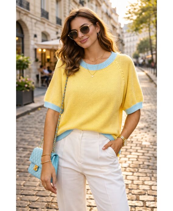 PULL TRICOL BI-COLORE CHIC PE260636 JAUNE/BLEU