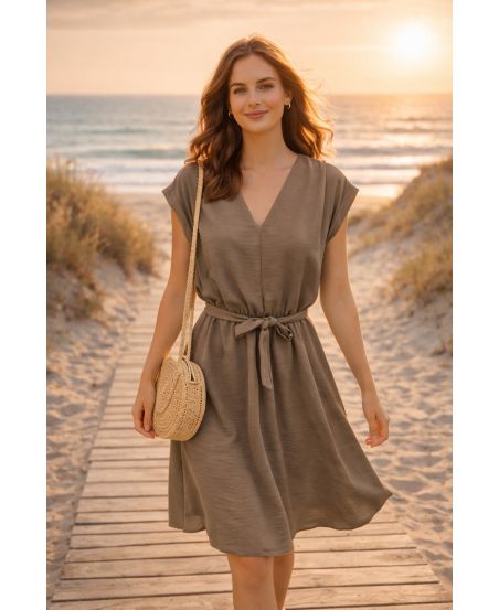 SHORT V-NECK DRESS PE260641 TAUPE