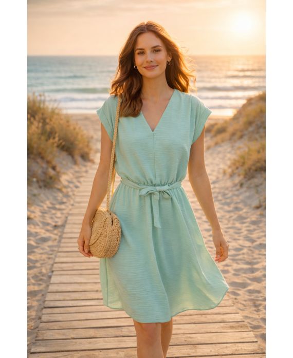 KURZES V-AUSSCHNITT-KLEID PE260641 PASTELLGRÜN