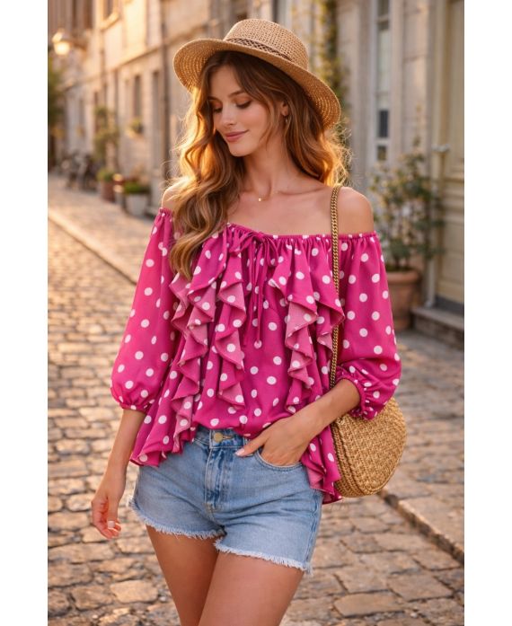 CASCADE POLKADOT BLOUSE MET RUCHES PE2266 FUSHIA