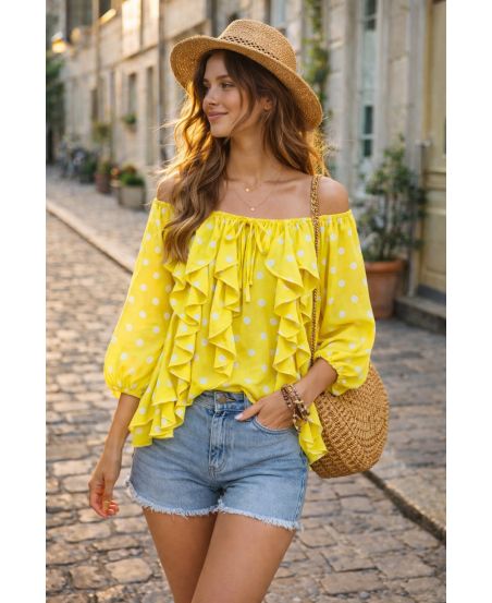 BLUSA CON VOLANTES DE LUNARES EN CASCADA PE2266 AMARILLO