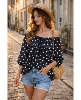 BLUSA CON VOLANTES DE LUNARES EN CASCADA PE2266 NEGRA