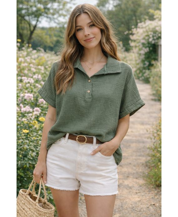 COTTON GAUZE TOP POLO COLLAR BUTTONS PE260663 KAKI