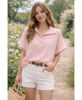 COTTON GAUZE TOP POLO COLLAR BUTTONS PE260663 PINK