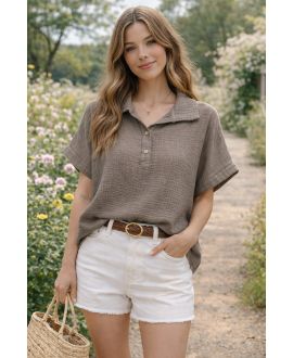 COTTON GAUZE TOP POLO COLLAR BUTTONS PE260663 TAUPE