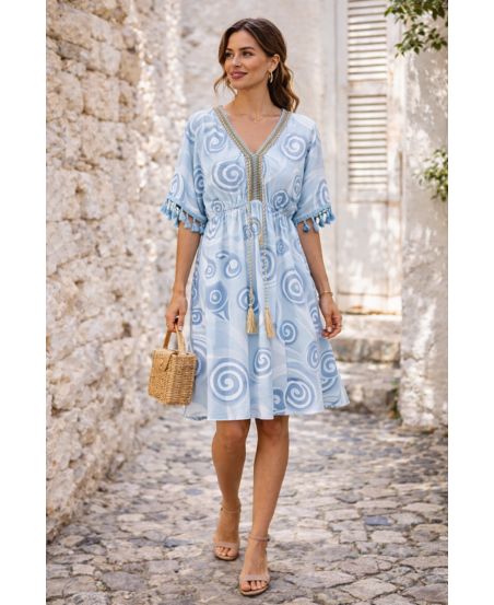 ROBE IMPRIMEE POMPONS PE260669 BLEU CIEL