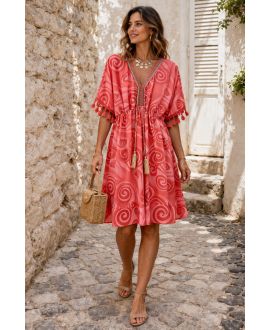 ROBE IMPRIMEE POMPONS PE260669 CORAIL