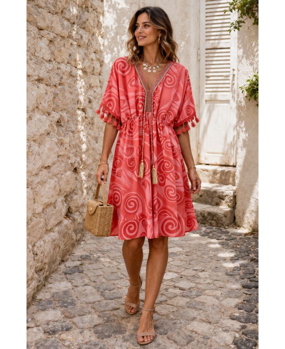 ROBE IMPRIMEE POMPONS PE260669 CORAIL