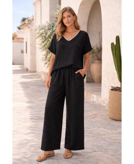 SET TOP IN LINO + PANTALONI A 2 TASCHE PE260654 NERI