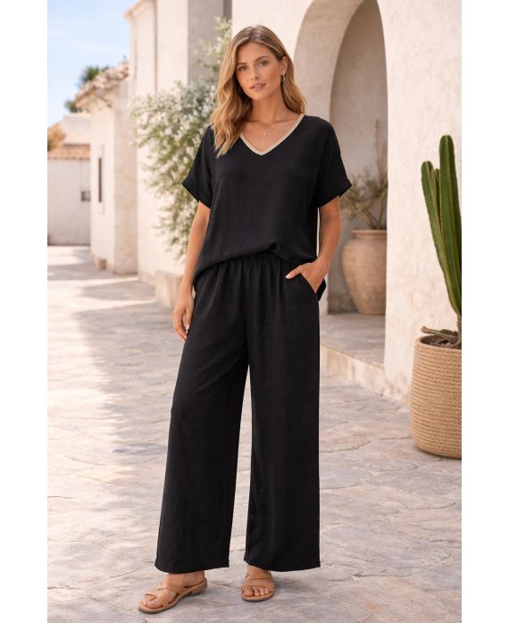 JUEGO DE LINO SUPERIOR + PANTALONES DE 2 BOLSILLOS PE260654 NEGRO