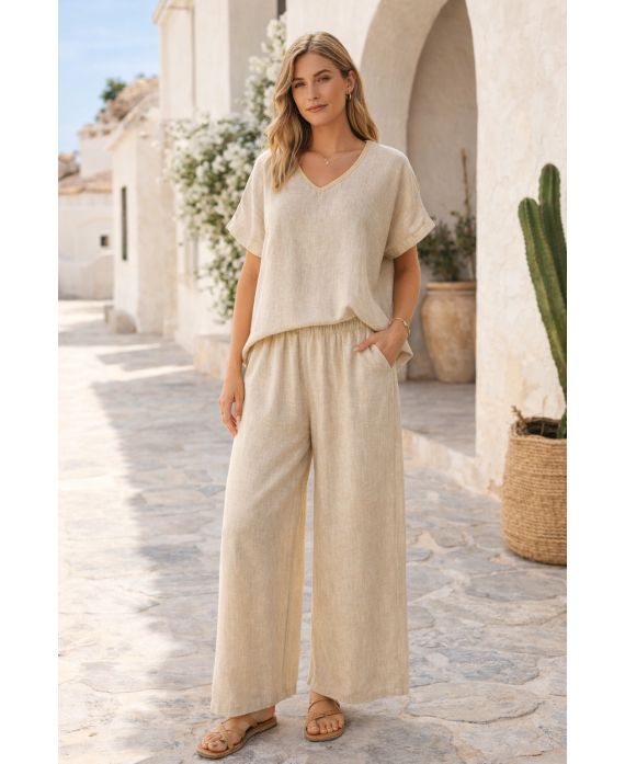 ENSEMBLE EN LIN TOP + PANTALON 2 POCHES PE260654 BEIGE