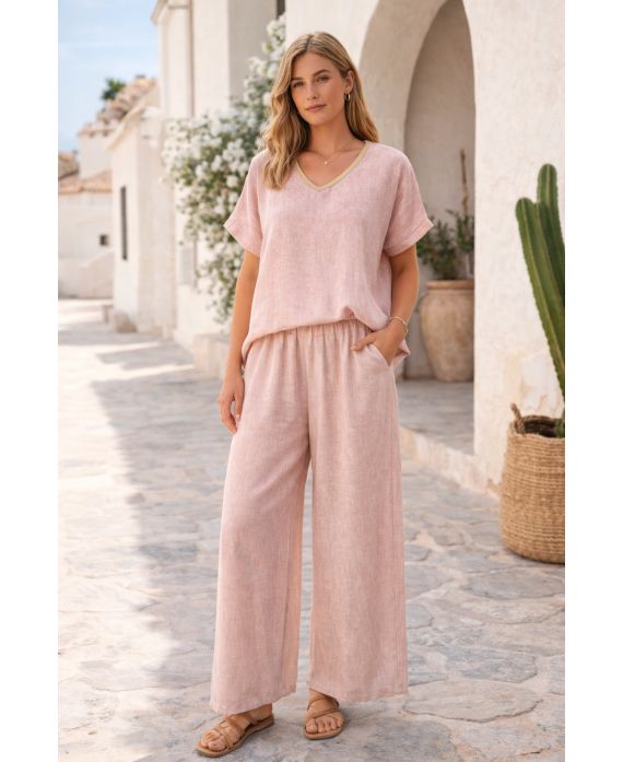 SET TOP IN LINO + PANTALONI A 2 TASCHE PE260654 ROSA