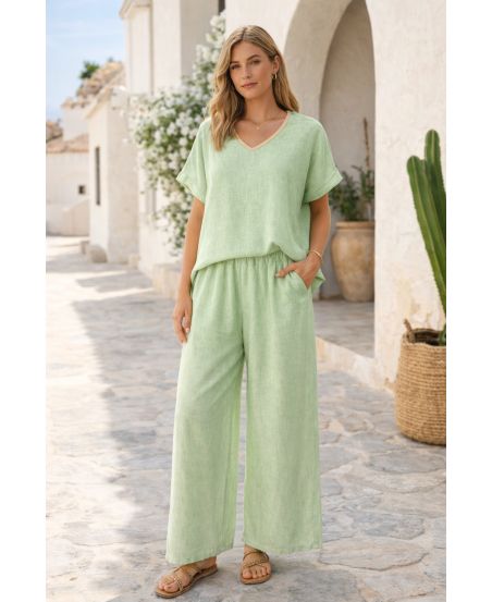 ENSEMBLE EN LIN TOP + PANTALON 2 POCHES PE260654 VERT PASTEL