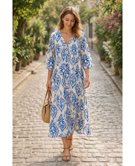 BLAUW BEDRUKTE VISCOSE MAXI JURK PE260686