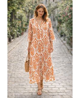 VESTITO MAXI IN VISCOSA CON STAMPA ARANCIONE PE260686