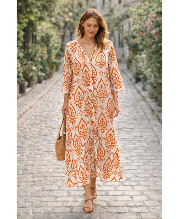ORANGE-BEDRUCKTES VISKOS-MAXIKLEID PE260686