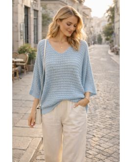 PULL TRICOT AJOURE PE260680 BLEU CIEL