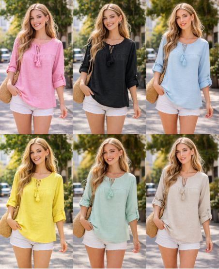 COTTON TUNIC WITH POMPOMS PE2168