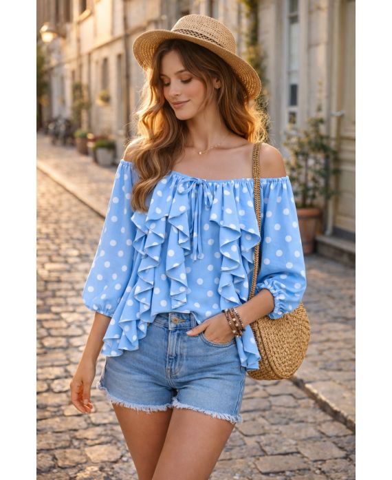 CASCADE POLKA DOT RUFFLED BLOUSE PE2266