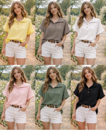 COTTON GAUZE TOP POLO COLLAR BUTTONS PE260663