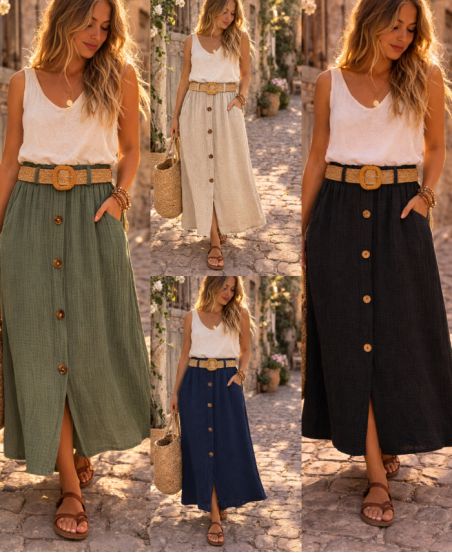 JUPE GAZE DE COTTON 2 POCHES + CEINTURE PE260520