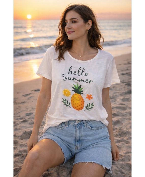 CAMISETA DE ALGODÓN ESTAMPADA HOLA VERANO PE260750