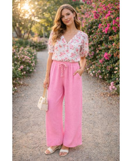 PANTALONES DE GASA DE ALGODÓN ANCHOS 2 BOLSILLOS PE260759