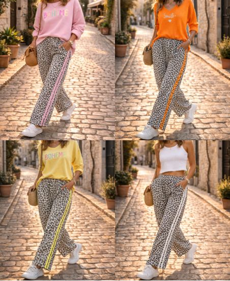 LEOPARD 2-STREEP KATOENEN WIJDE BROEK PE2492