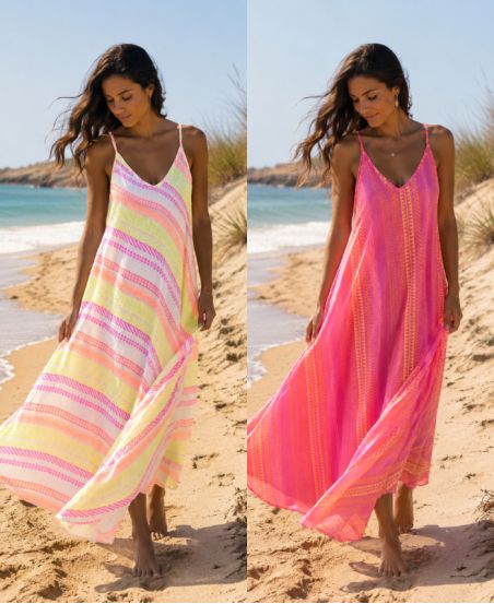 ROBE LONGUE BRETELLES GAZE DE COTON PE1453