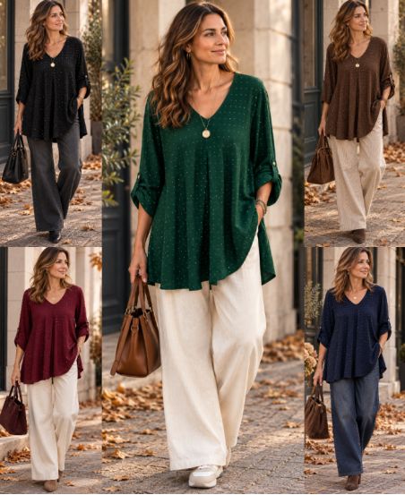 LOOSE V-NECK STUDDED TUNIC AH271042