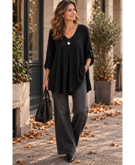 LOOSE V-NECK STUDDED TUNIC AH271042