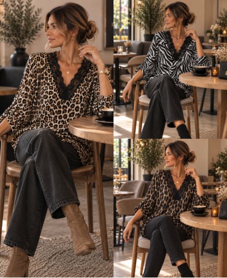 TOP AMPLE COL V DENTELLE IMPRIMé AH271049