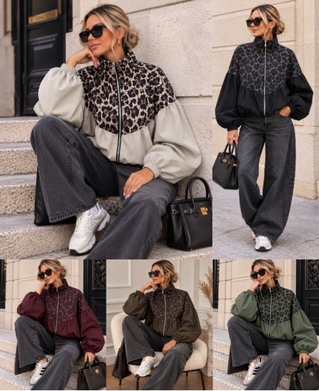 CHAQUETA DE LEOPARDO CON CREMALLERA Y MANGAS DE GLOBO AH271096