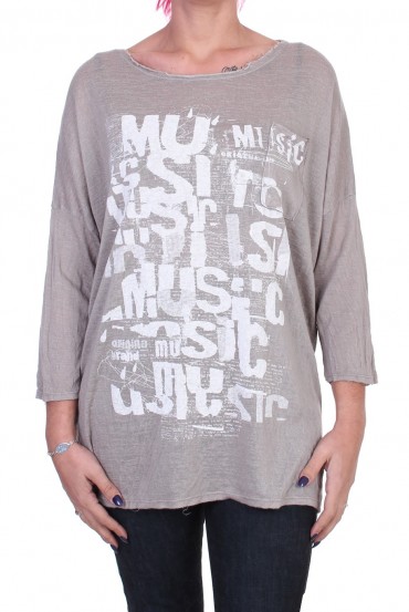 PULL LONG FLOCAGE ECRITURE TAUPE 5407