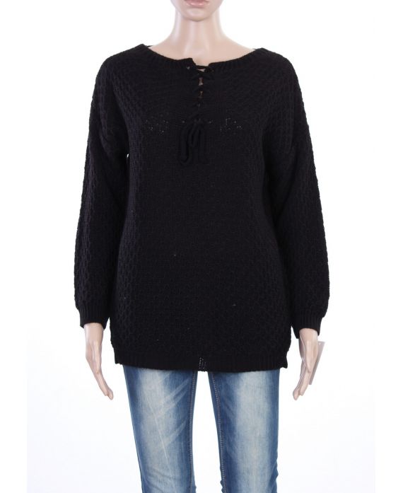 MAGLIONE di ALPACA, SCOLLO in PIZZO NERO P3033