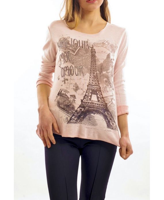 T-SHIRT DELAVE PARIJS STRASS ROZE S7030