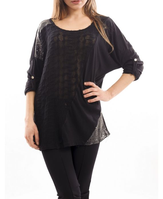 T-SHIRT MIX MATERIAL BLACK S7042