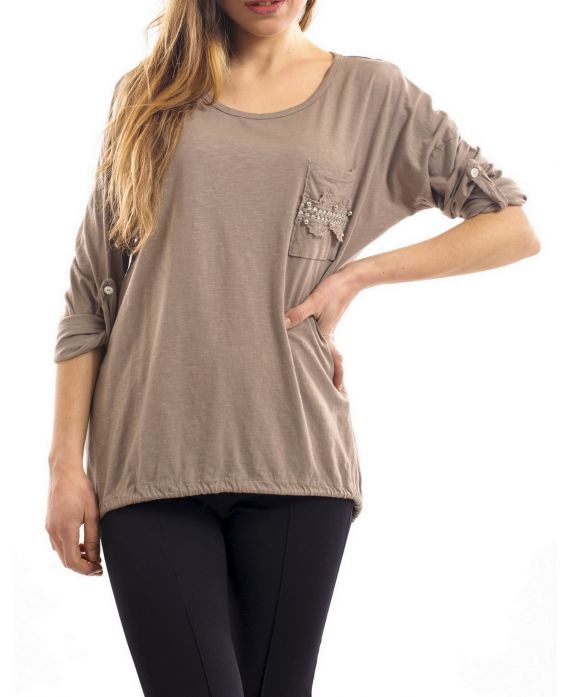 T-SHIRT STUDDED POCKETS TAUPE S7032