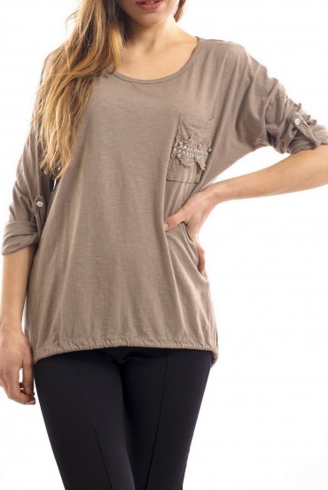 T-SHIRT STUDDED POCKETS TAUPE S7032